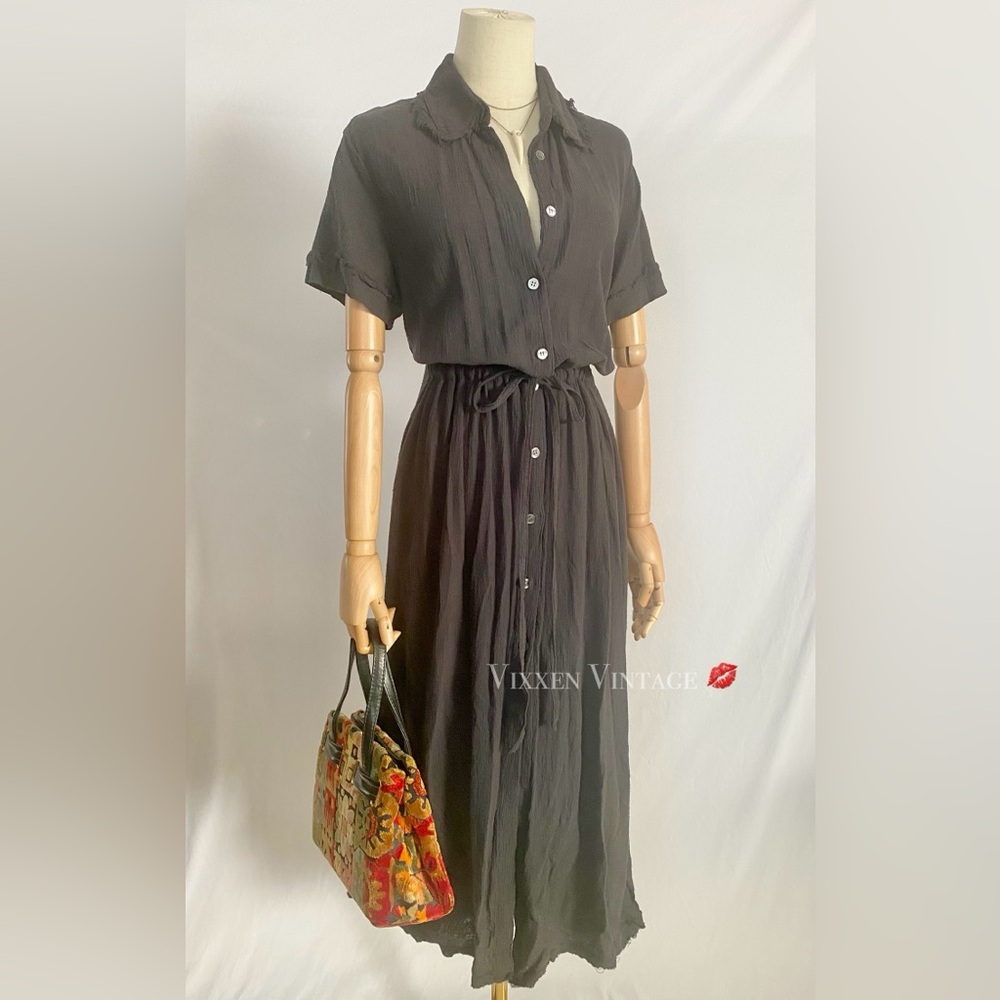 RAQUEL ALLEGRA GAUZE CRINKLE MAXI SHIRTDRESS IN BLACK